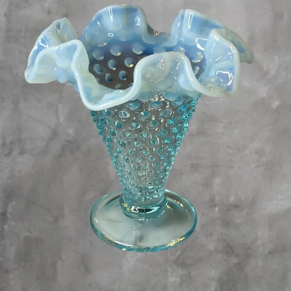 Vtg Fenton Opalescent Blue Hobnail 2-Piece Epergne Trumpet Flower Vase Pre 1970s